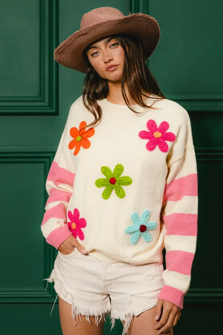 Oatmeal Bibi Colorful Floral Patched Sweater With Striped Sleeve