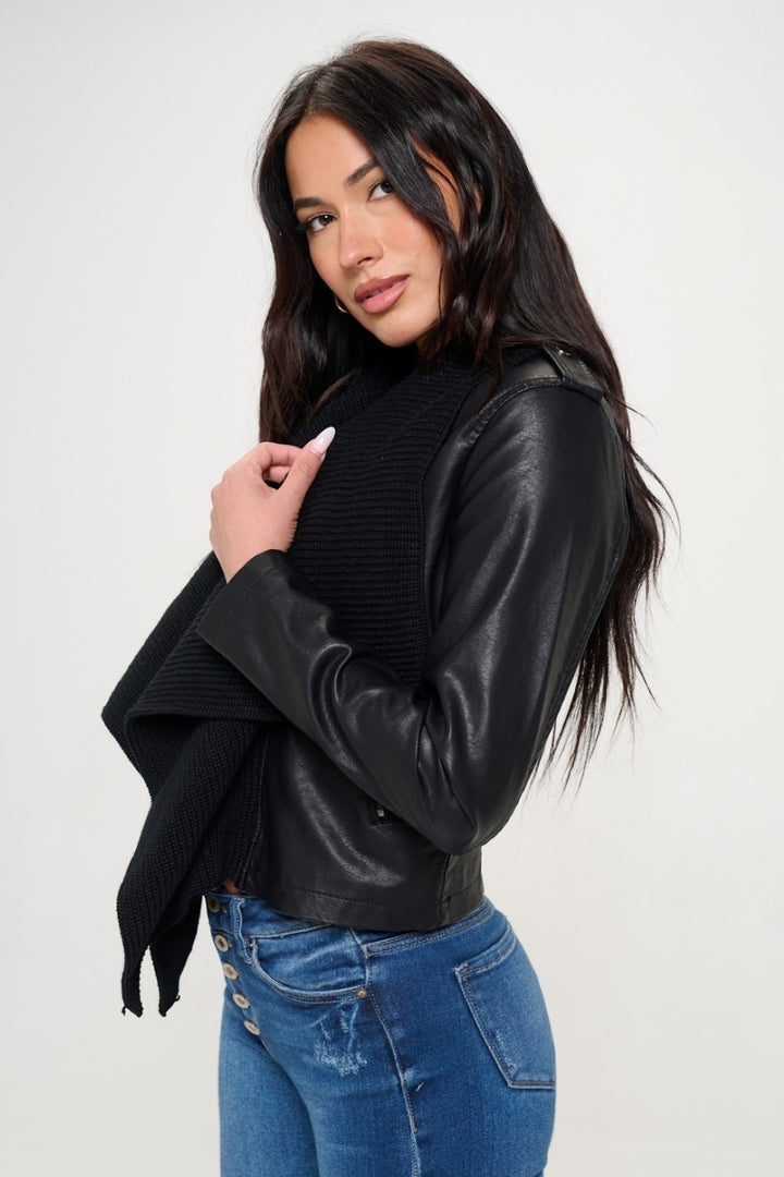 Black Coalition La Knit Collared Faux Leather Crop Jacket