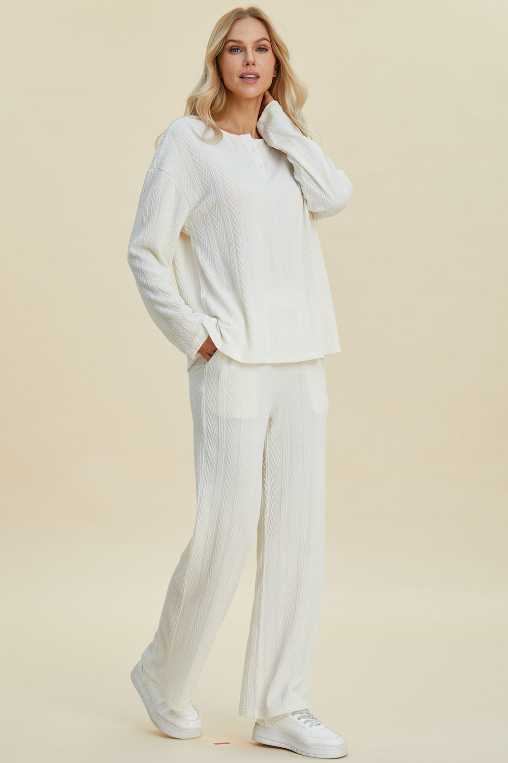 White Double Take Full Size Cable Knit Long Sleeve Top And Pants Set