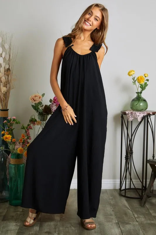 Black Adora Elastic Ruffle Shoulder Jumpsuit
