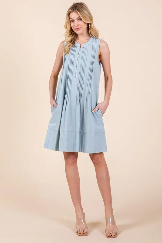 Lt Denim Lime N Chili Denim Pintuck Detail Sleeveless Midi Dress