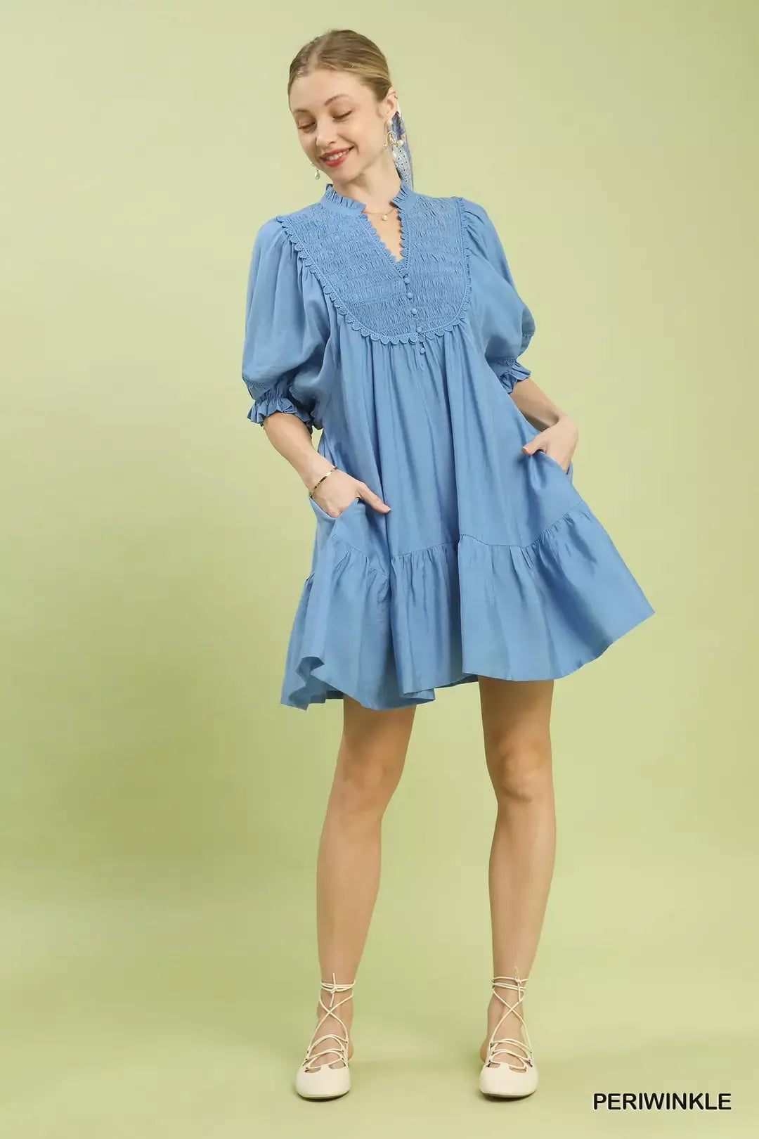 Umgee Smocked Bib Ruffle Hem Babydoll Dress 1