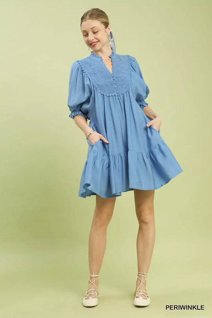 Umgee Smocked Bib Ruffle Hem Babydoll Dress 1
