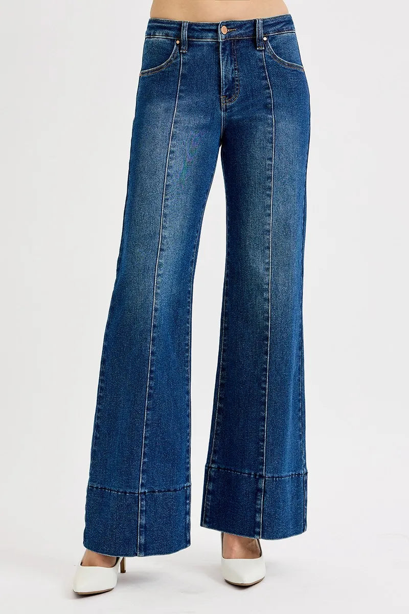 Dark Risen Full Size Tummy Control Mid Rise Ankle Wide Flare Jeans Plus Size