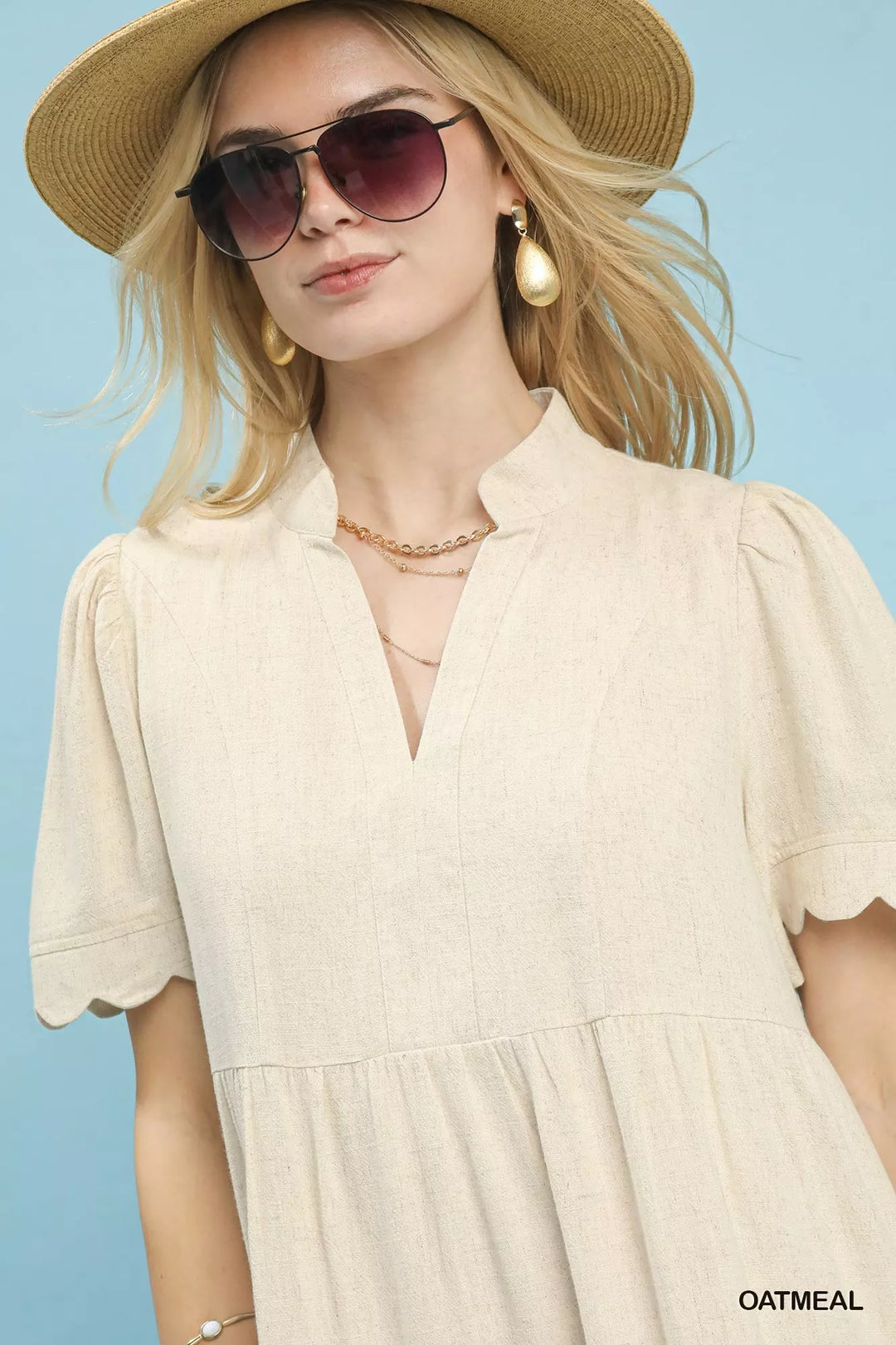 Umgee Linen Tiered Babydoll Dress With Scalloped Sleeves 2