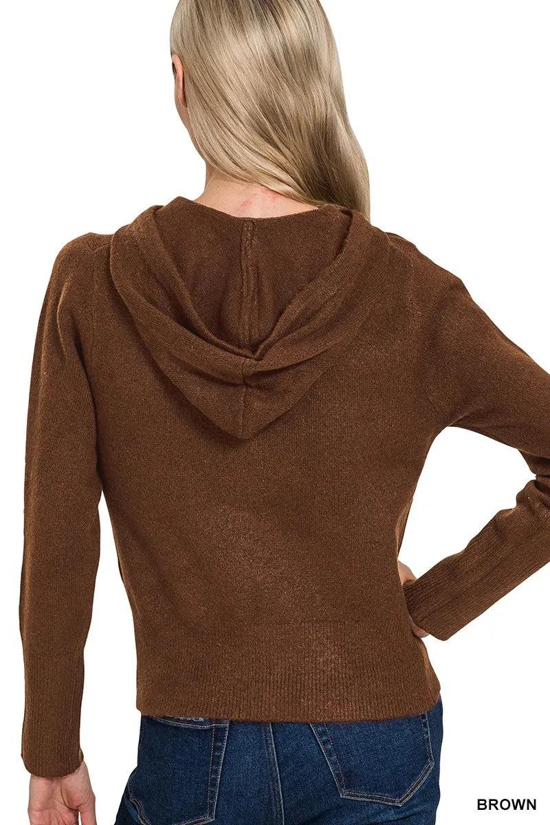 Brown Zenana Drawstring Zip Up Hooded Cardigan