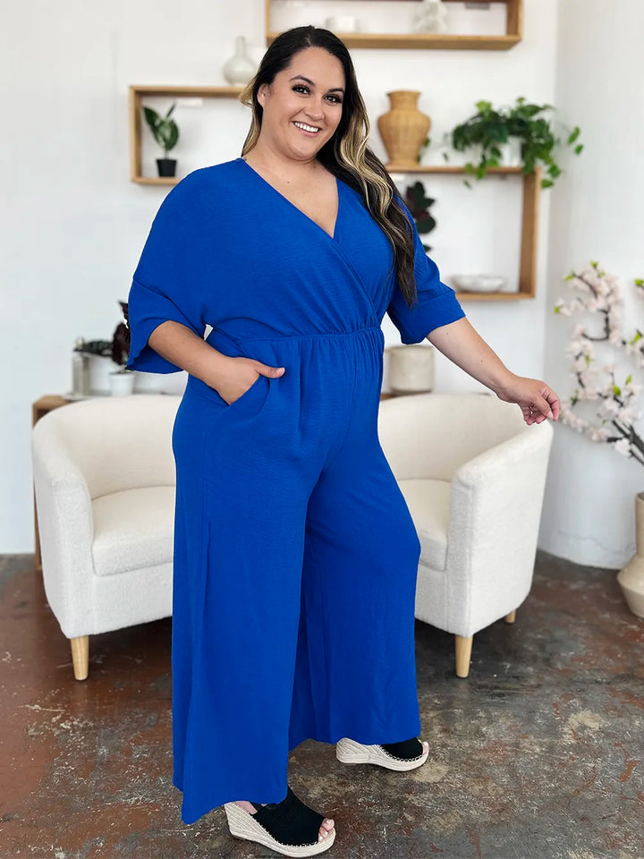 Mid Green Double Take Full Size Surplice Wide Leg Jumpsuit With Pockets