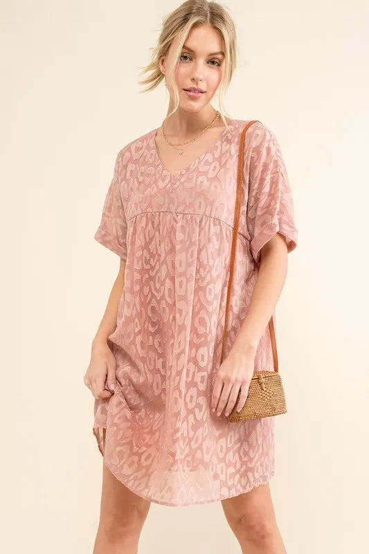 And The Why Woven Leopard Baby Doll Roll Sleeve Casual Dress