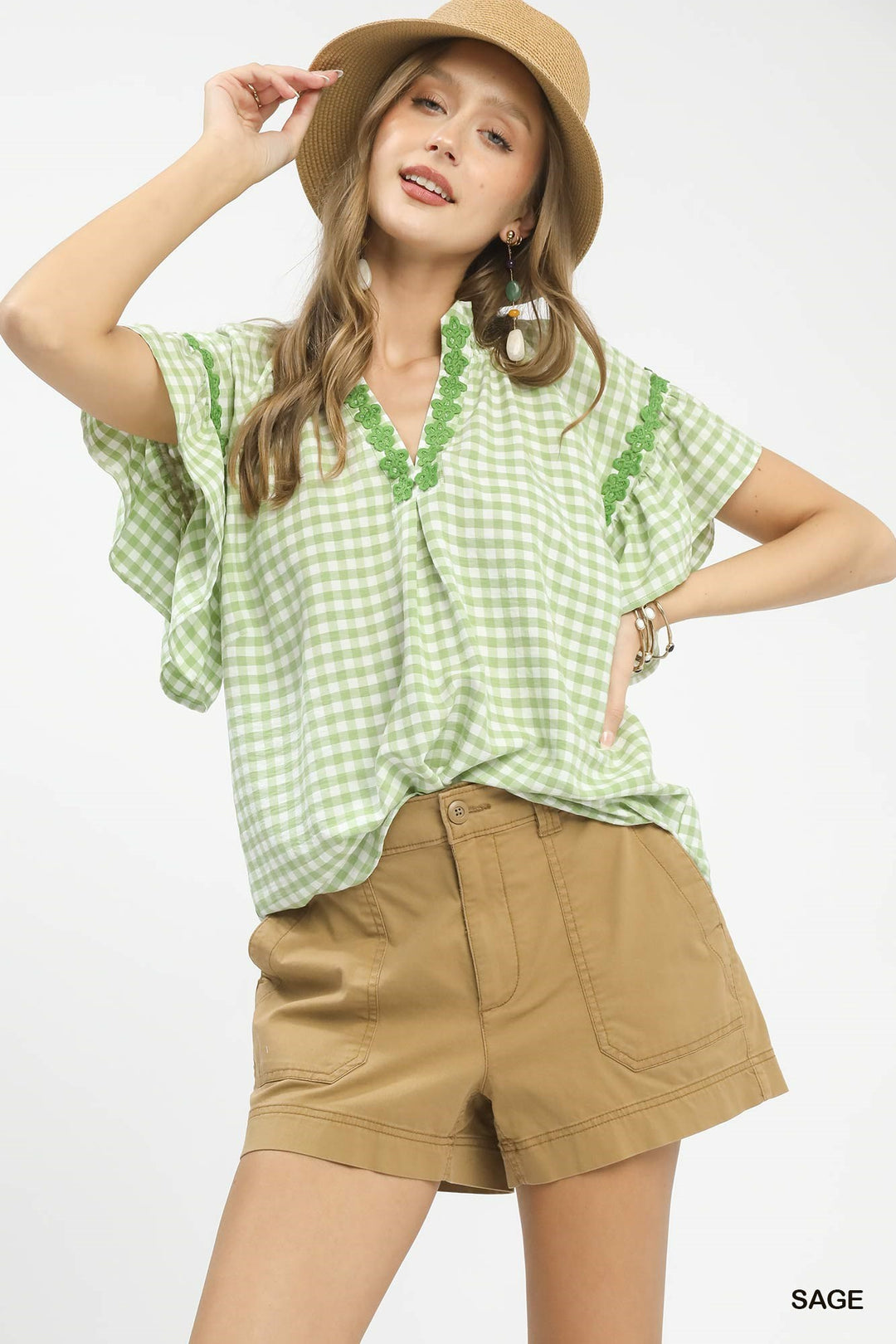 Sage Umgee Gingham Lace Trim Top 2
