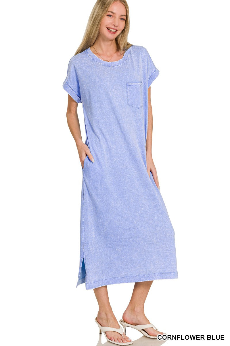 Cornflower Blue Zenana Washed Exposed Seam Short Sleeve T Shirt Dress