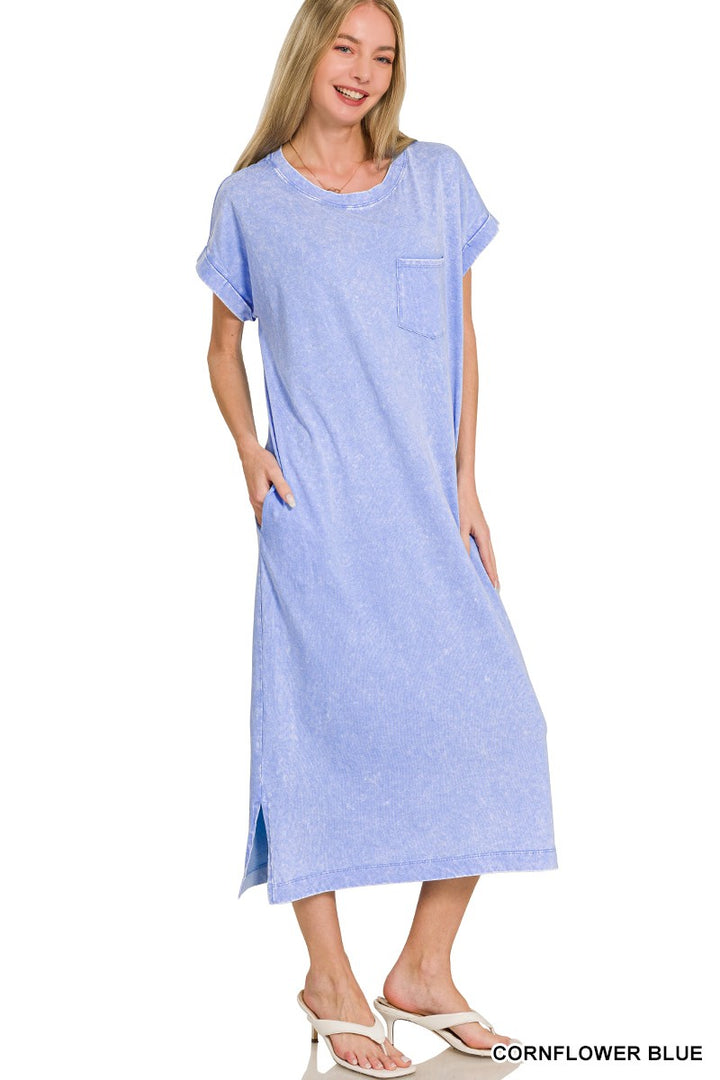 Cornflower Blue Zenana Washed Exposed Seam Short Sleeve T Shirt Dress