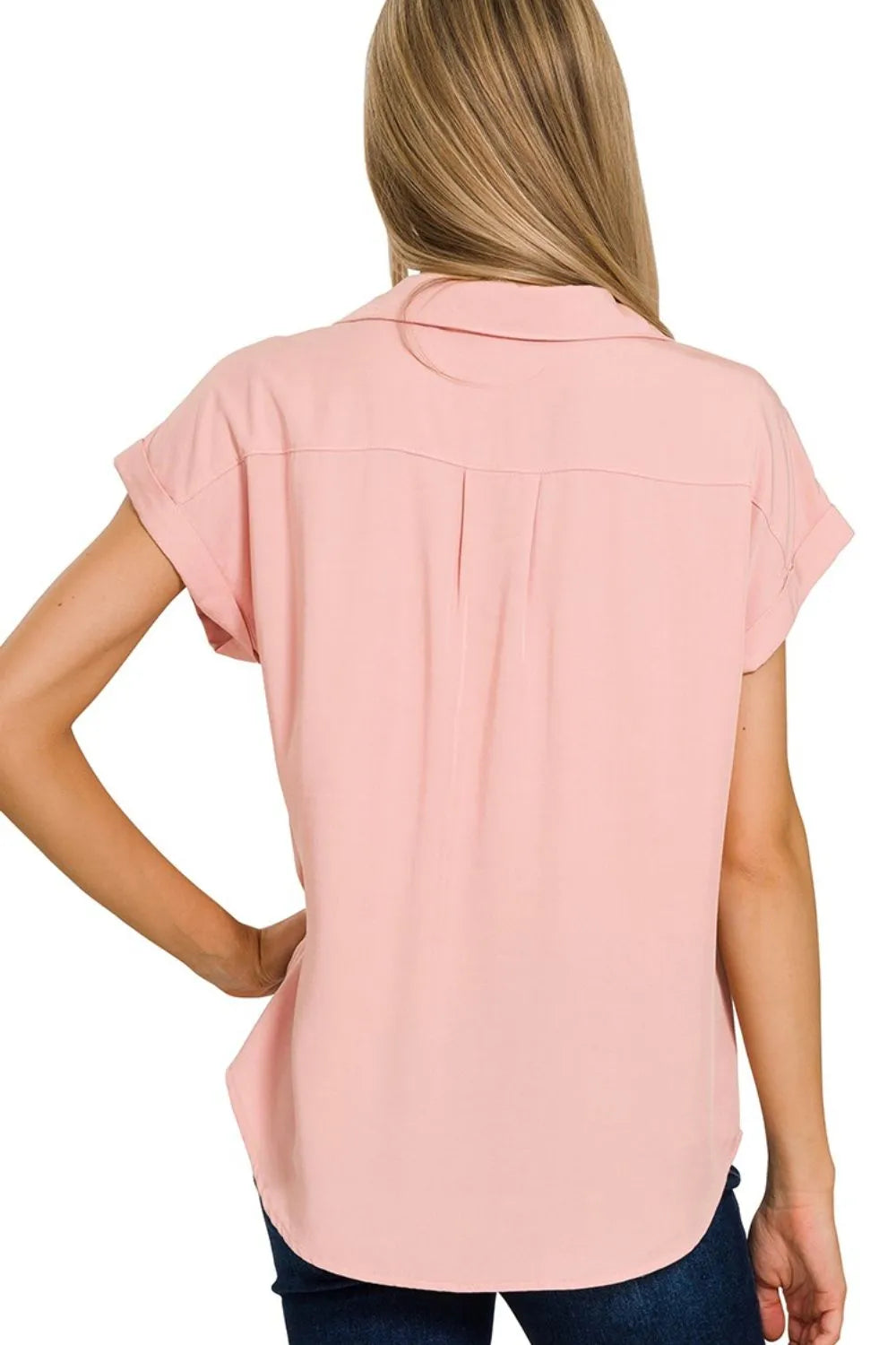 Lt Rose Zenana Tencel V Neck Collared Top W Front Flap Pockets