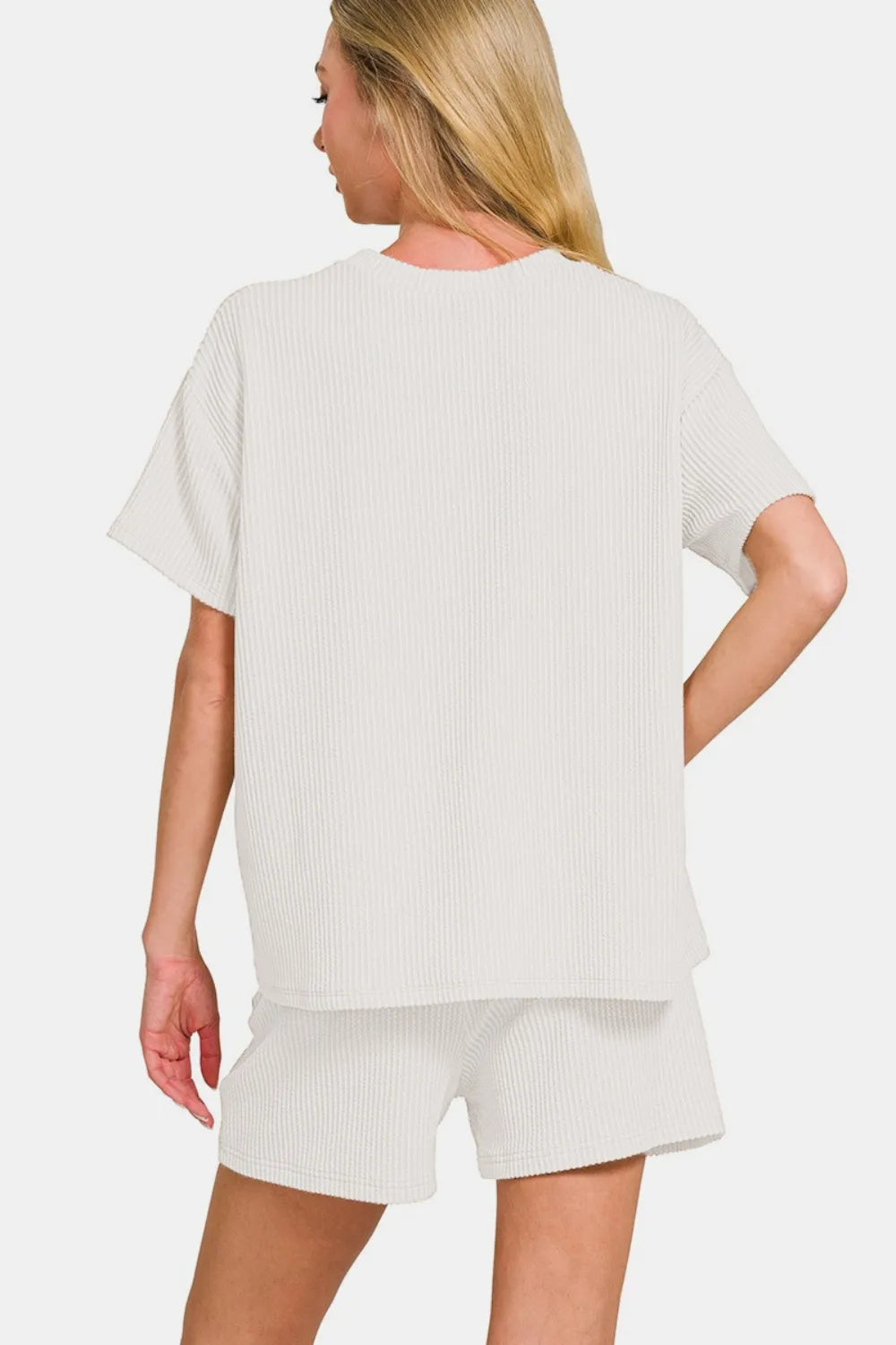 Off White Zenana Rib Short Sleeve T Shirt And Shorts Set