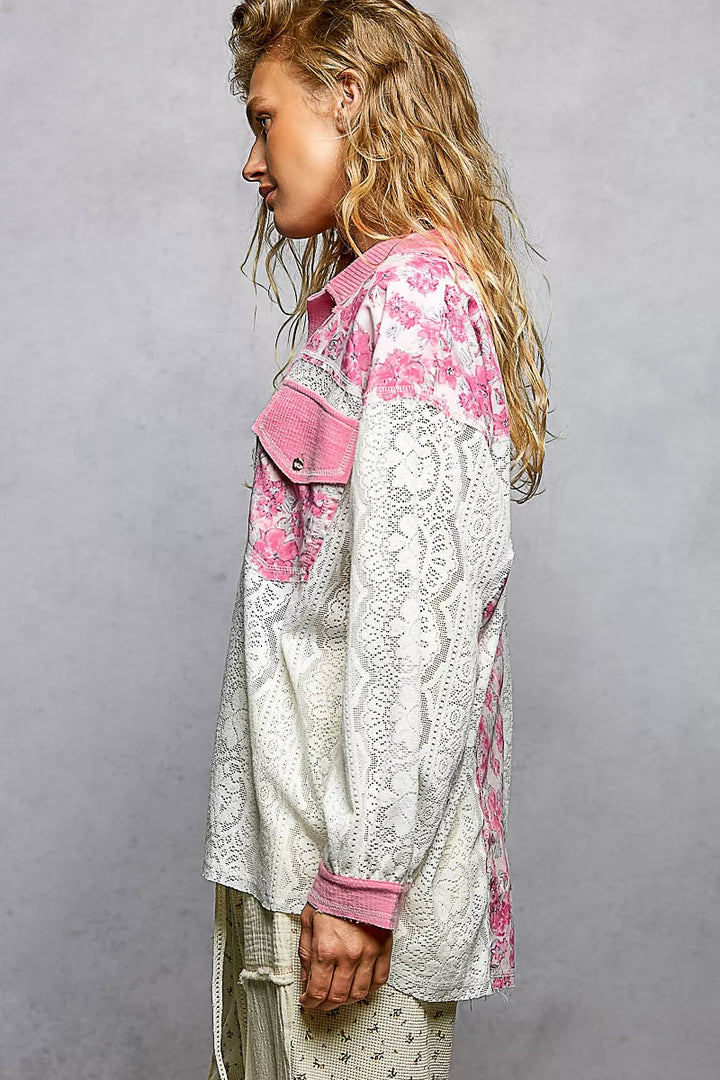 Candy Pink Pol Floral Print Long Sleeve Lace Shirt With Front Pocket