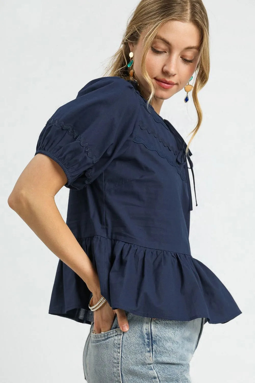 Dark Navy Umgee Tie Front Puff Sleeve Blouse