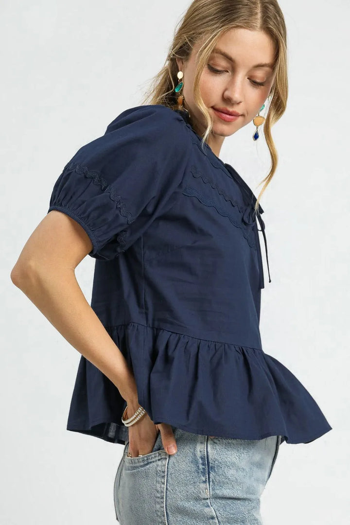 Dark Navy Umgee Tie Front Puff Sleeve Blouse
