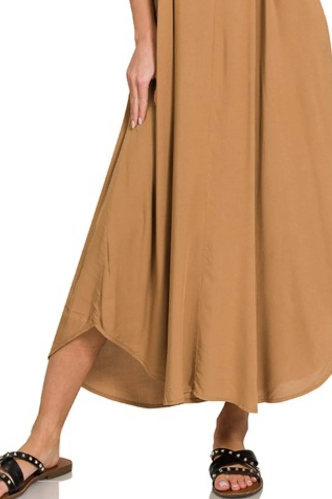 Deep Camel Zenana Woven Arc Hem Cami Dress With Flowy Pockets 2
