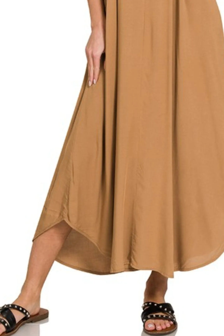 Deep Camel Zenana Woven Arc Hem Cami Dress With Flowy Pockets 2