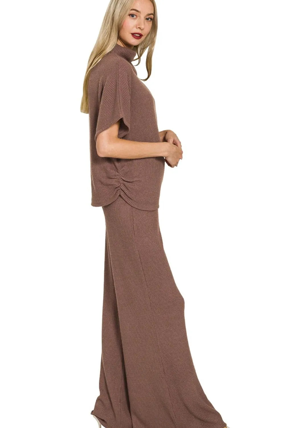 Brown Zenana Sweater Mock Neck Top Long Pants Set 2