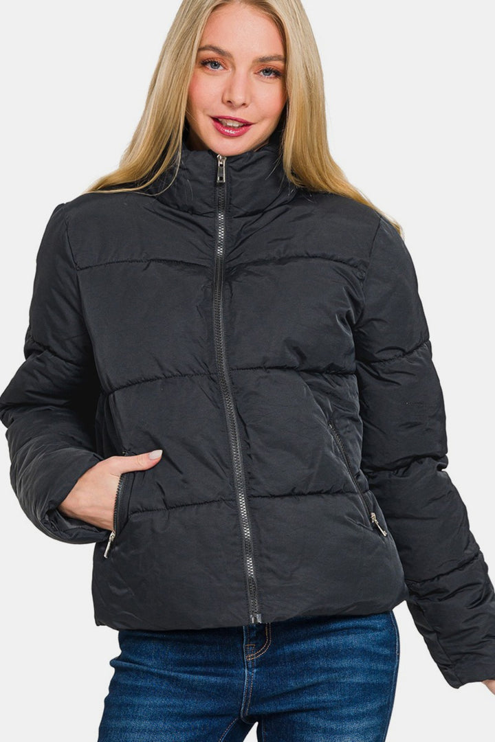 Black Zenana Zip Up Turtleneck Puffer Jacket With Pockets 1