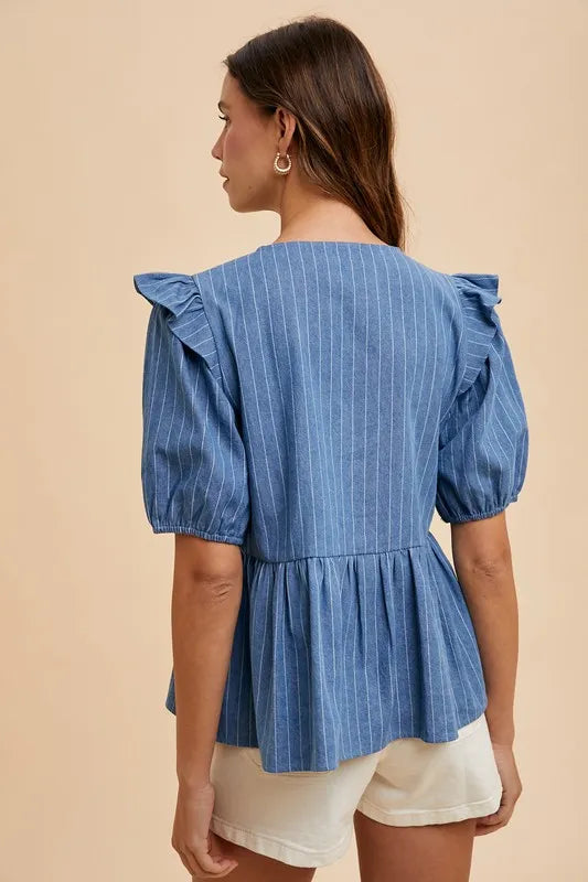 Medium Denim Annie Wear Stripe Front Bow Denim Peplum Blouse