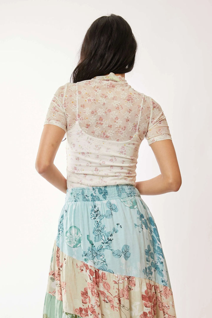 Davi Dani Floral Mesh Mock Neck Short Sleeve Top