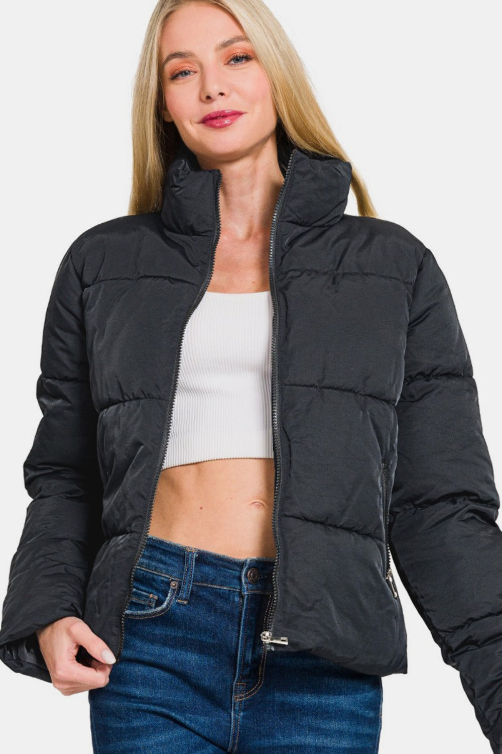 Black Zenana Zip Up Turtleneck Puffer Jacket With Pockets 1