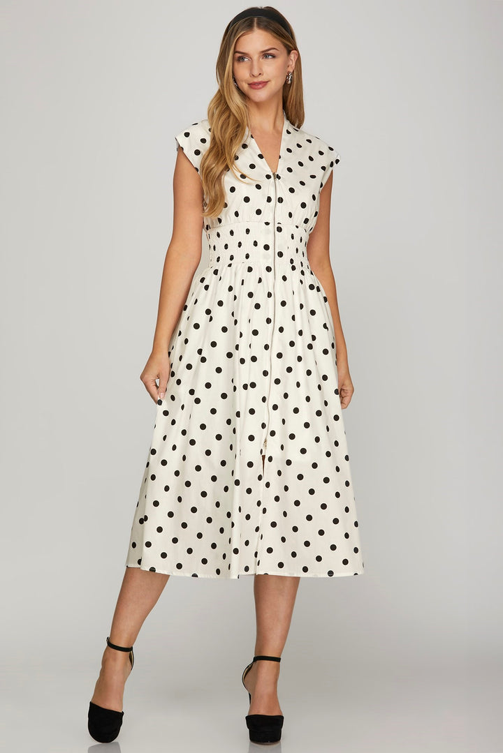 Off White She Sky Front Zip Polka Dots Cap Sleeve Midi Dress