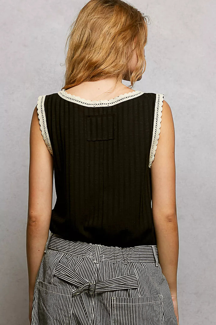 Pol Ribbed Round Neck Tank With Lace Trim