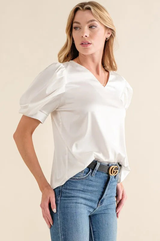 White And The Why Plain Satin Puff Shirring V Neck Blouse Top