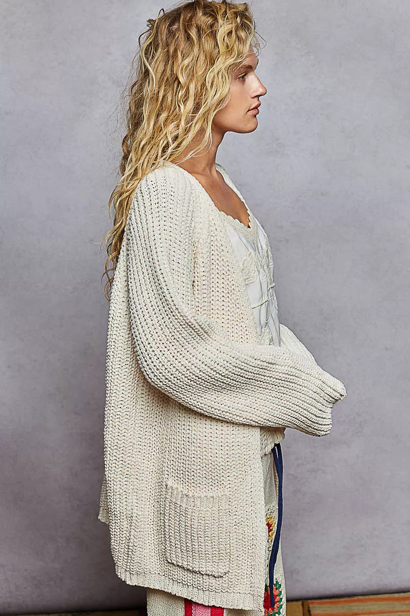 Powder Cream Pol Open Front Knit Cardigan With Front Pocket