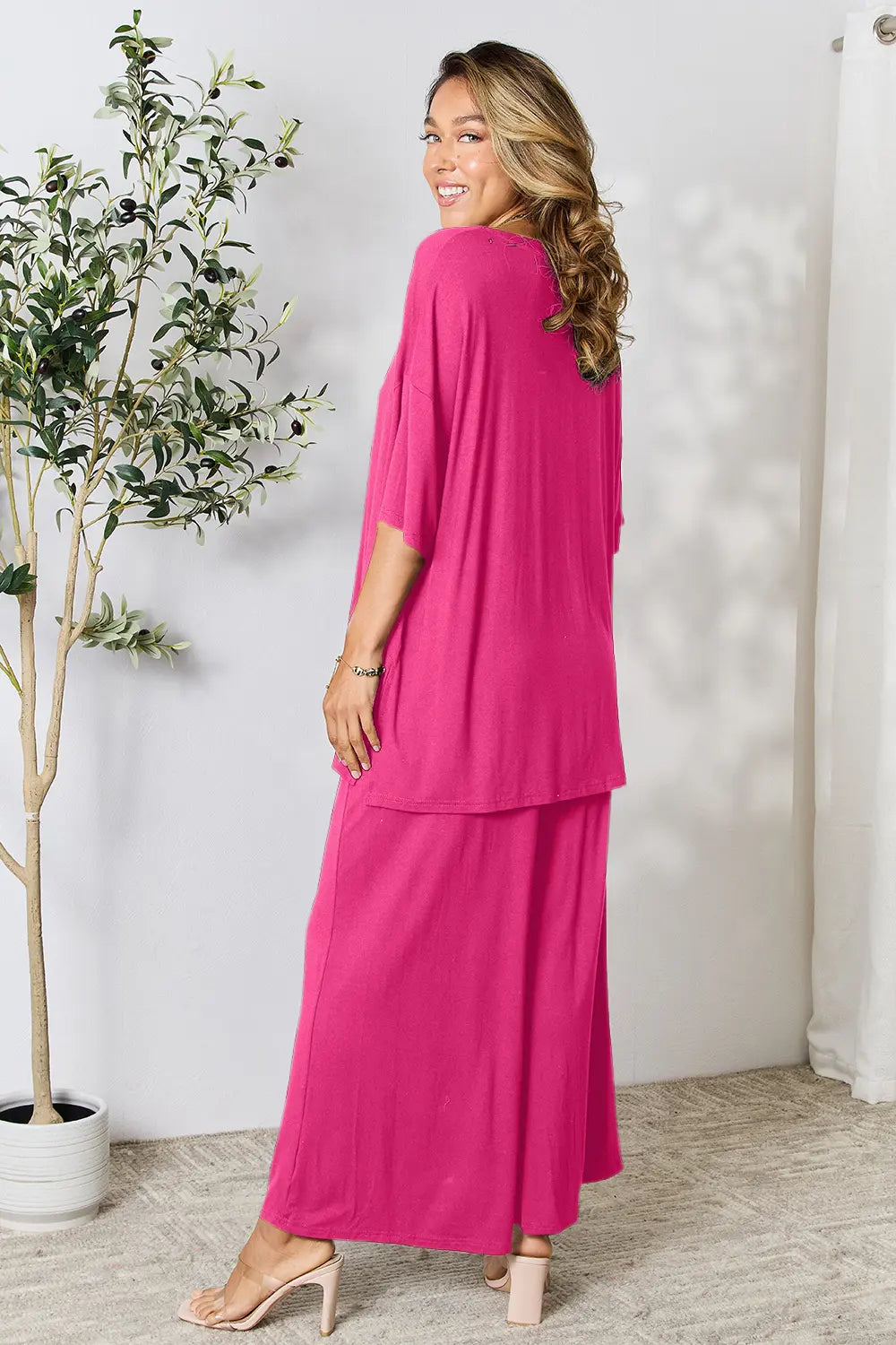 Hot Pink Double Take Full Size Round Neck Slit Top And Pants Set