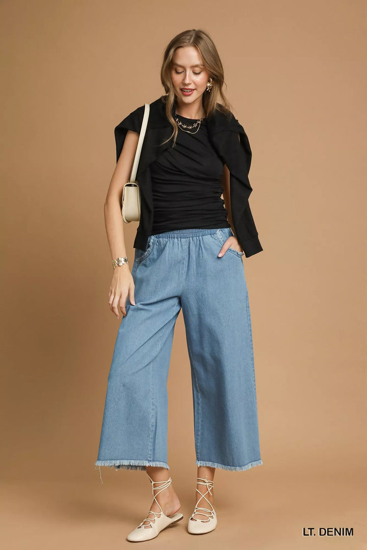 Lt. Denim Umgee Washed Fringe Hem Wide Leg Jeans