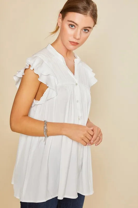 White Annie Wear Ruffle Sleeve Shirred Flowy Woven Tunic Shirts 1