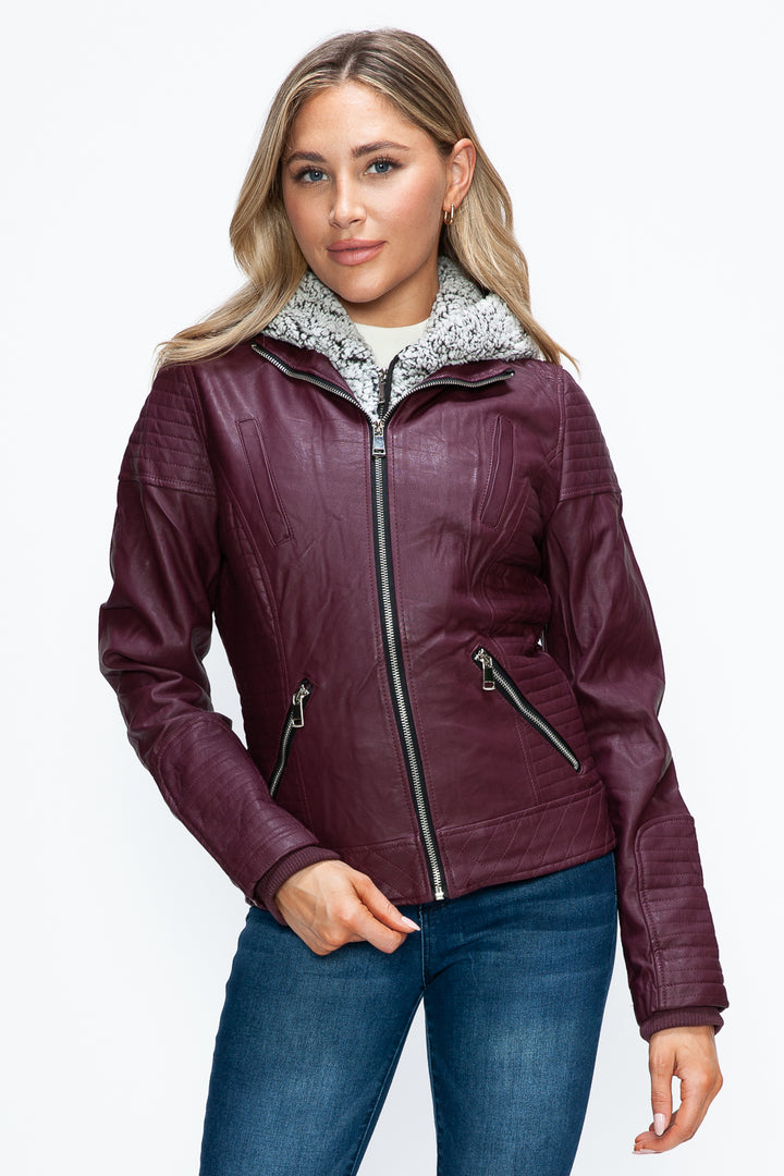 Wine Ymi Faux Layered Double Zipper Jacket With Fuzzy Hood 1