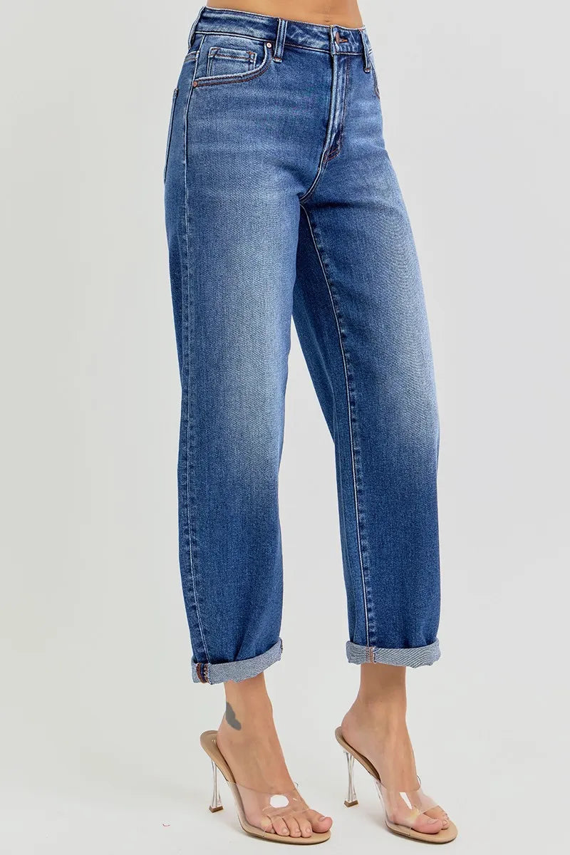 Dark Risen Full Size High Rise Crop Mild Barrel Jeans Plus Size