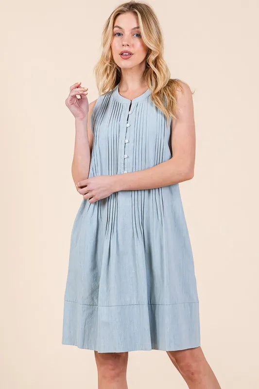 Lime N Chili Denim Pintuck Detail Sleeveless Midi Dress