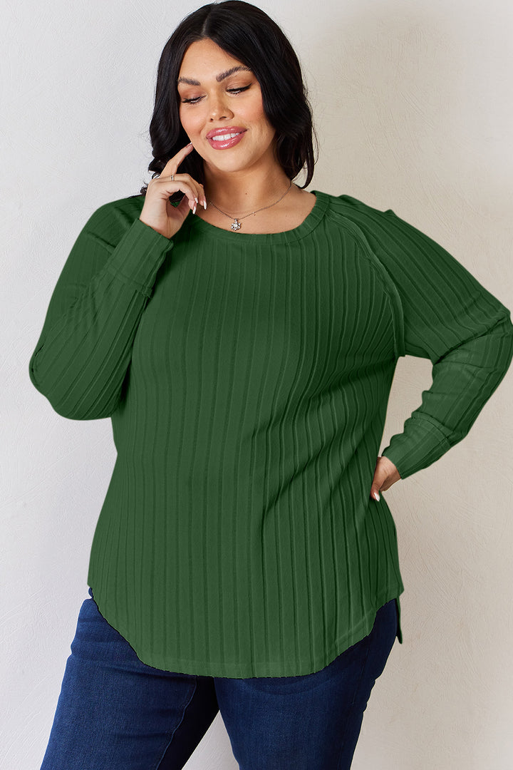 Deep Red Basic Bae Full Size Ribbed Round Neck Slit T Shirt
