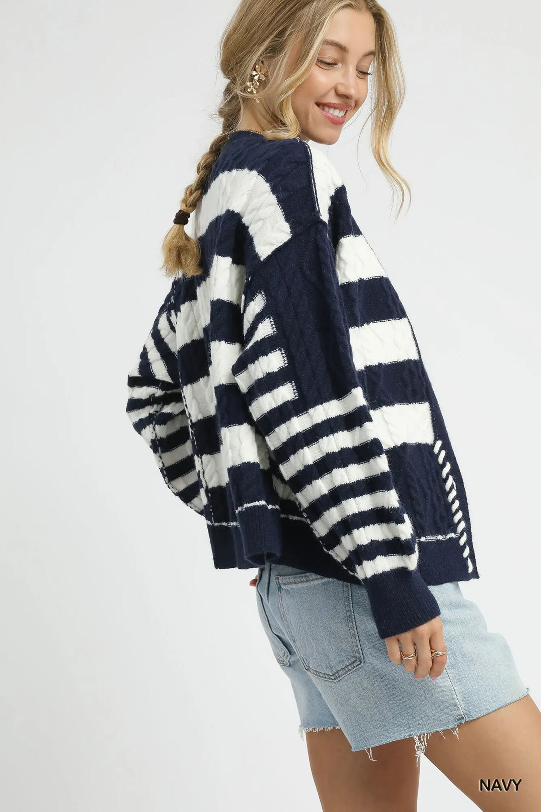 Navy Umgee Cable Knit Stripe Button Up Cardigan 2