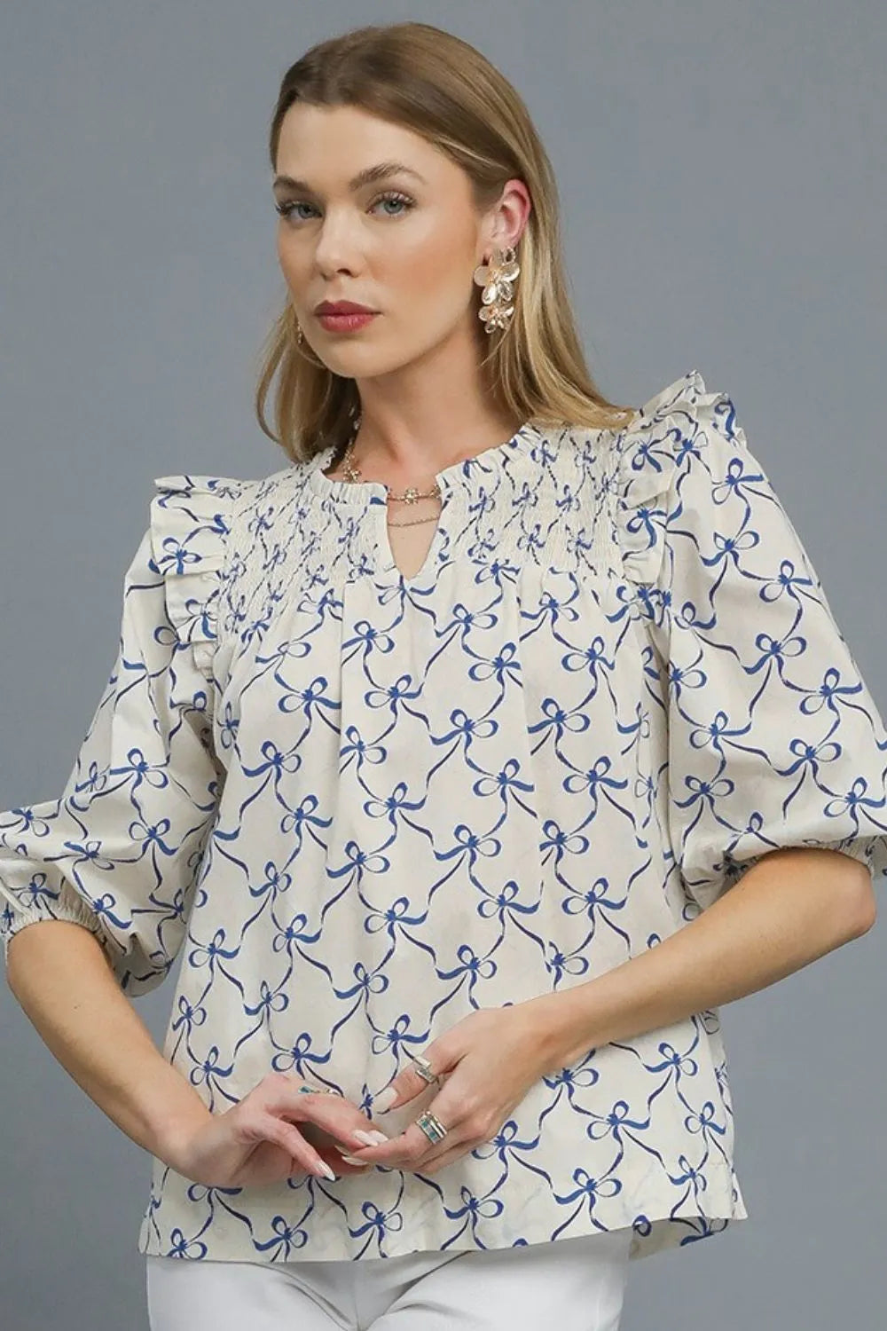 Royal Blue Umgee Ruffled Bow Print Notched Blouse 1