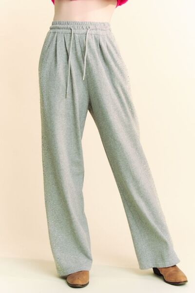 Gray Davi Dani Rhinestone Elastic Waist Wide Leg Pants