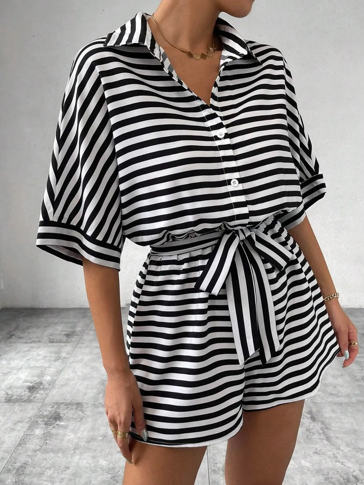 Black Tie Waist Half Button Striped Romper