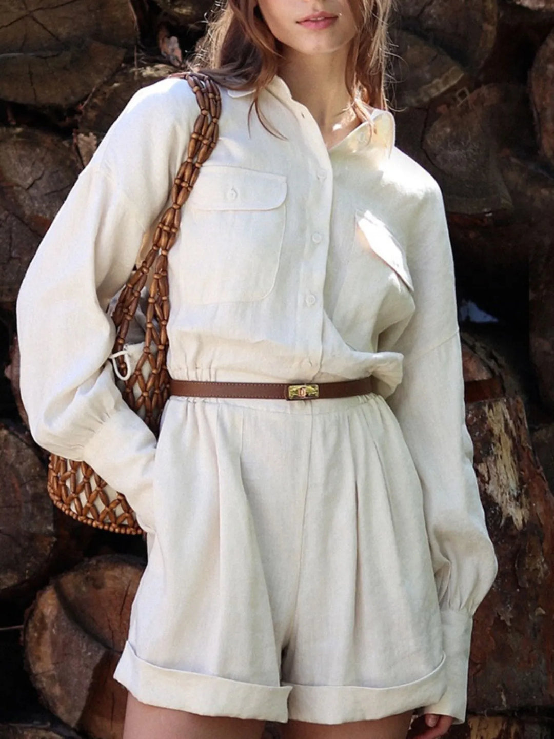 Beige Casual Button Front Long Sleeve Romper