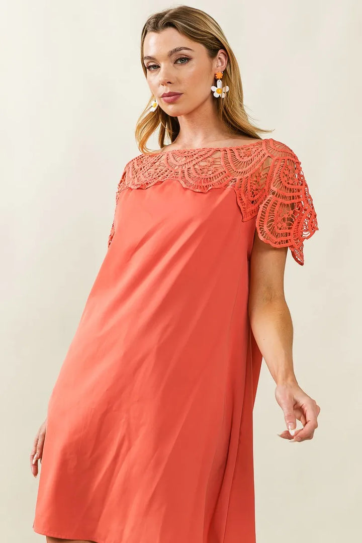 Bibi Crochet Lace Yoke Detailed Wrinkled Dress