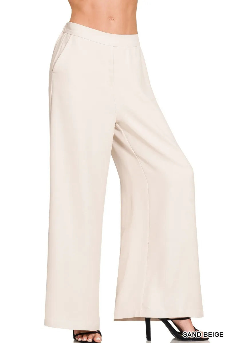 Sand Beige Zenana Relaxed Fit Elastic Waisted Wide Leg Pants 1