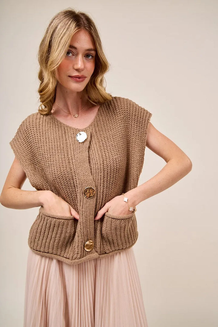 So Me Big Metal Button Front Sweater Vest