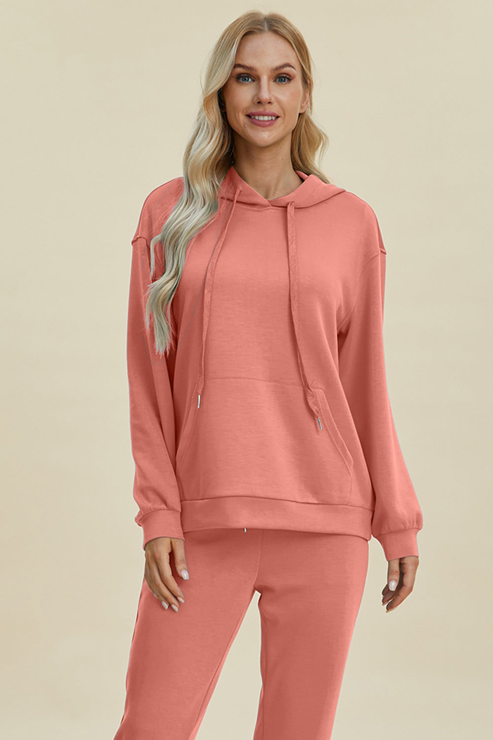 Coral Basic Bae Full Size Air Scuba Drawstring Long Sleeve Hoodie With Kangaroo Pocket