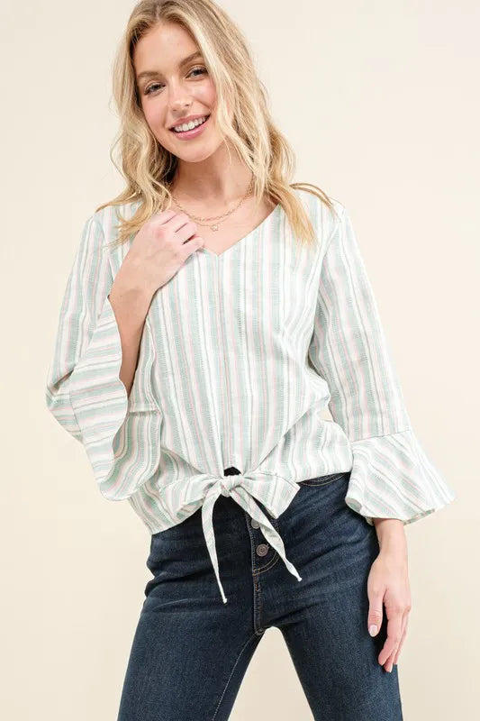Dusty Mint And The Why Stripe Tie Knot Front Bell Sleeve Top