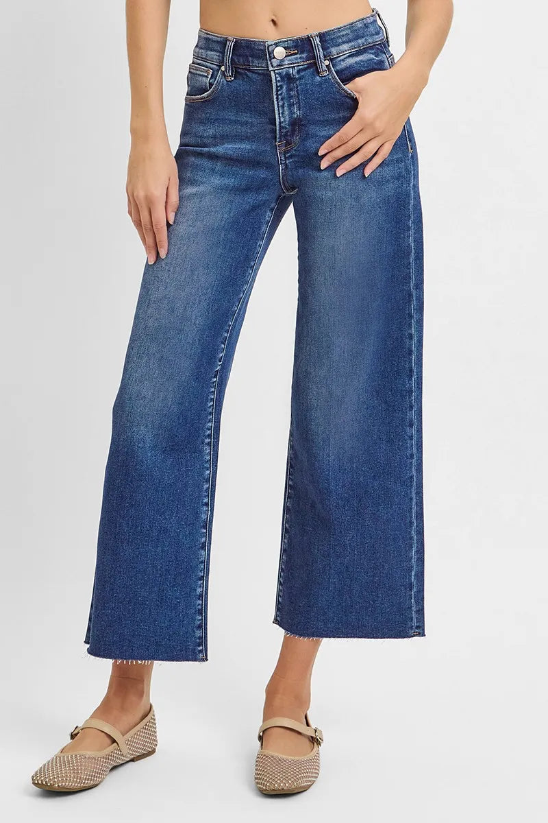 Dark Risen Raw Hem Wide Leg Cropped Jeans