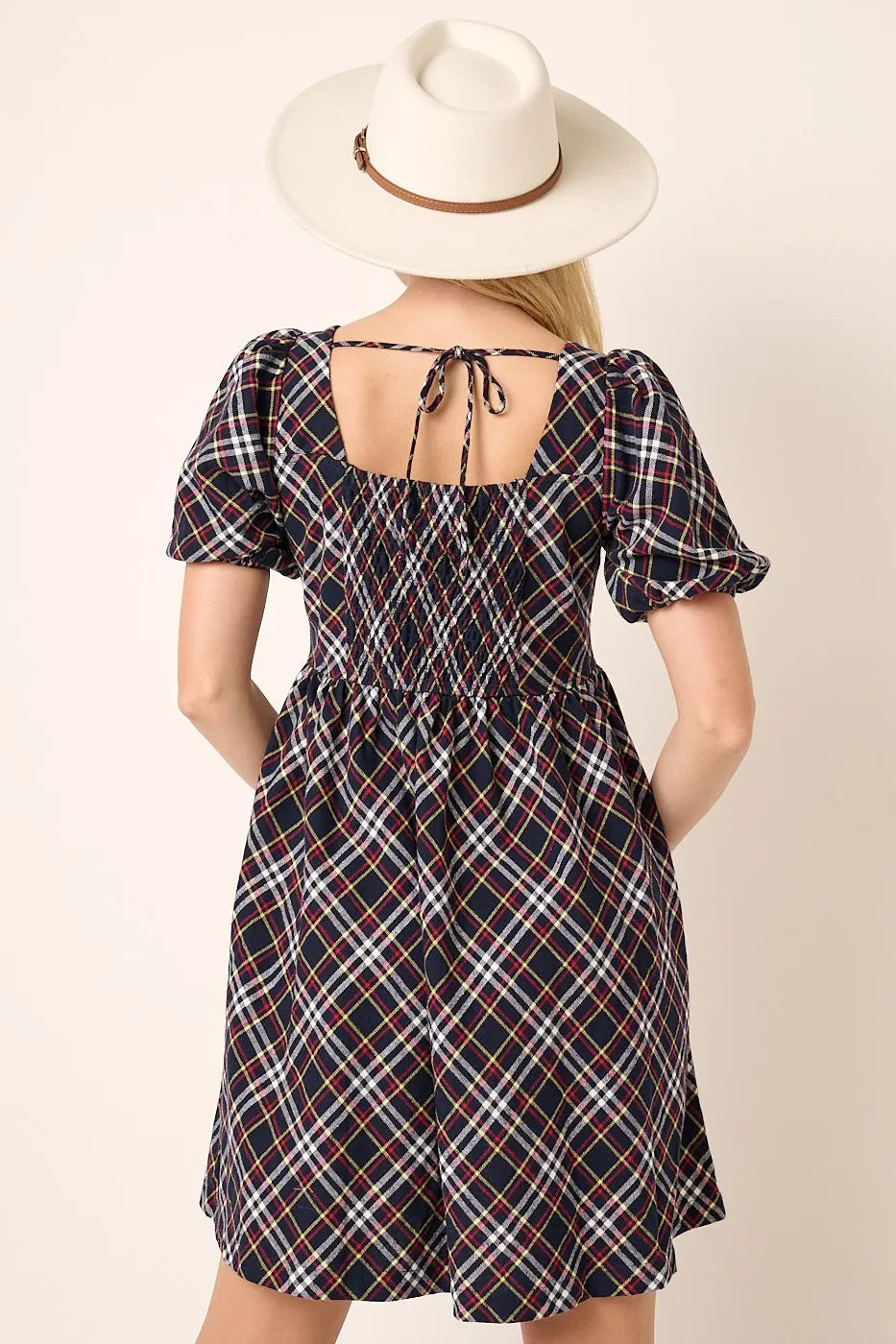 Navy Mittoshop Checkered Print Puff Sleeve Babydoll Mini Dress